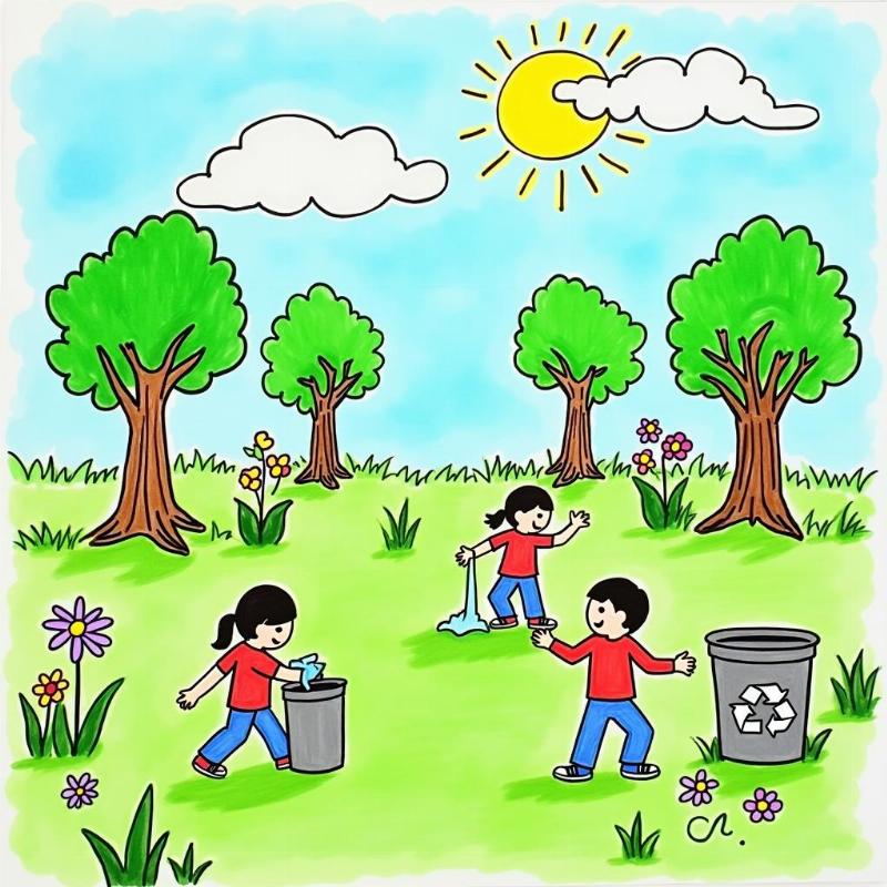 Bức tranh đã tô màu hoàn chỉnh về chủ đề bảo vệ môi trường xanh sạch đẹp với cây xanh, hoa, và người nhặt rác