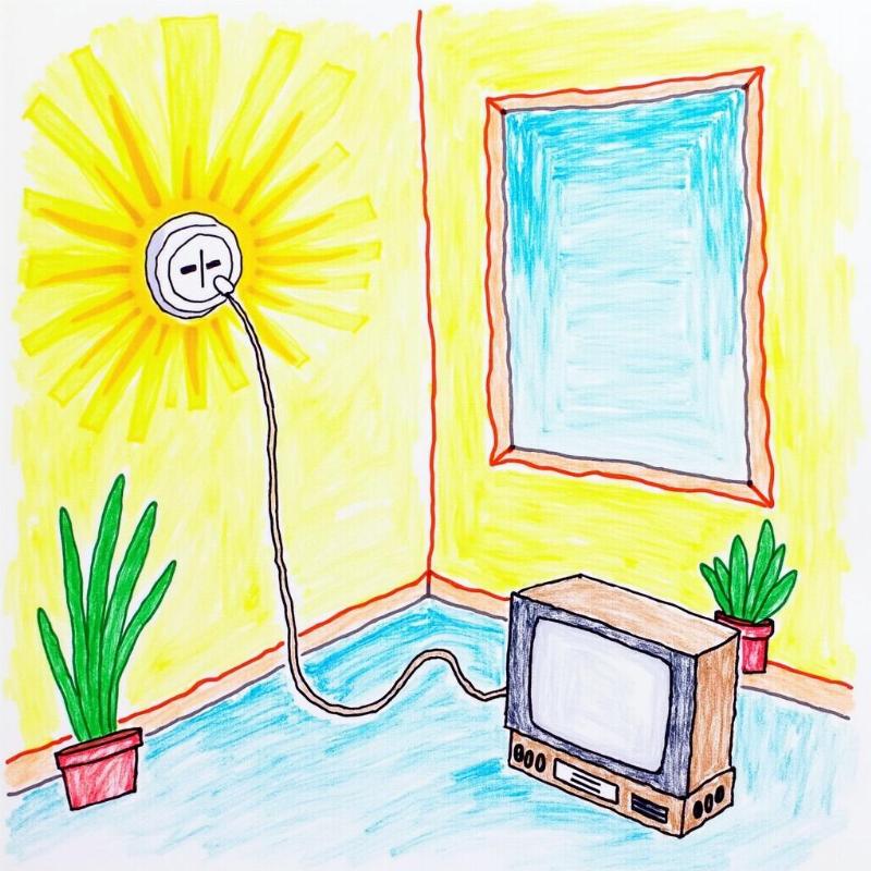 Bức tranh màu đơn giản minh họa chủ đề tiết kiệm điện, sử dụng màu sắc tươi sáng cho khu vực tiết kiệm năng lượng.