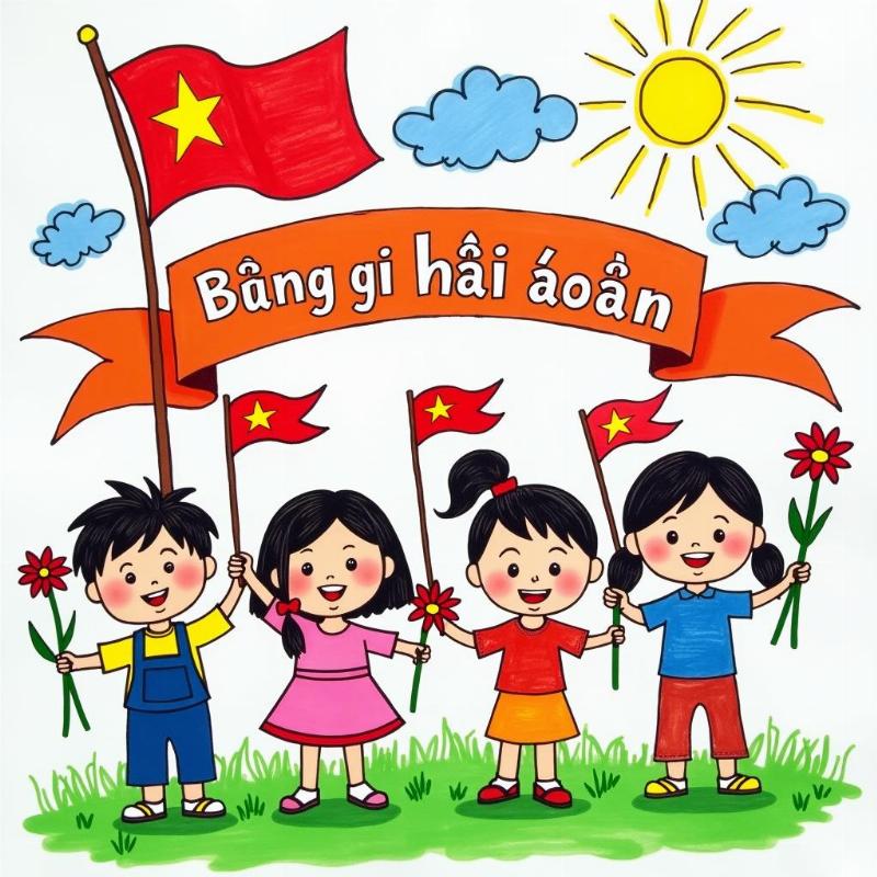 Tranh thiếu nhi mừng Đại hội Đoàn đã tô màu, rực rỡ, vui tươi, hướng dẫn phối màu đẹp.