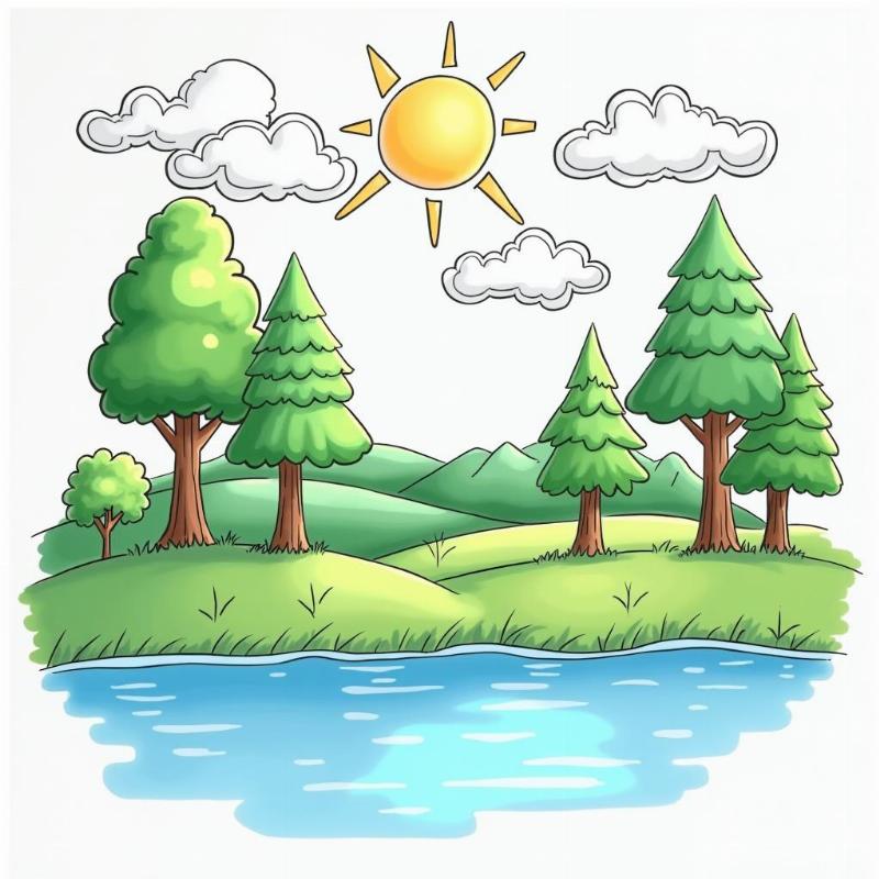 Hướng dẫn tô màu đơn giản cho tranh bảo vệ môi trường trên giấy A3 với các màu cơ bản như xanh lá, xanh dương