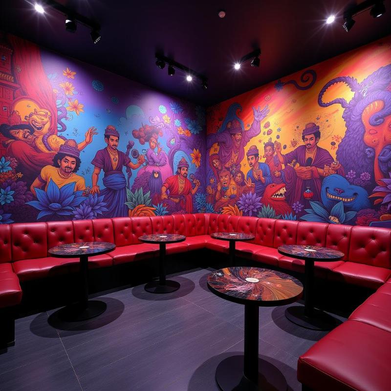 Mot phong karaoke da hoan thien voi tranh tuong ben mau khong bong troc tu Lotus Art mang ve dep nghe thuat