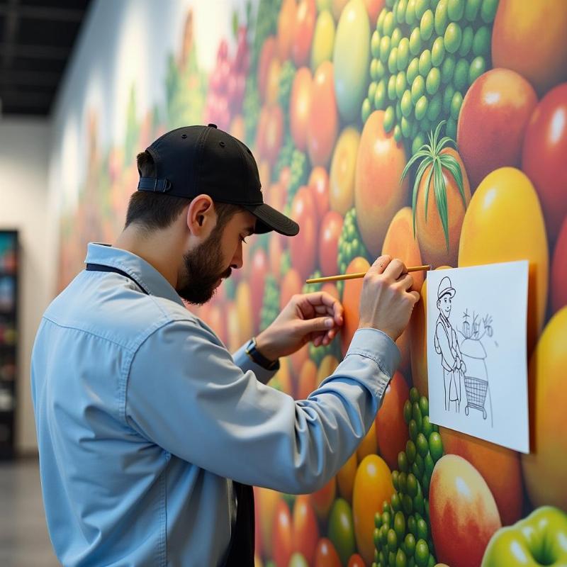 Dịch vụ vẽ tranh tường siêu thị mini chuyên nghiệp của Lotus Art, thể hiện quy trình làm việc tỉ mỉ, từ phác thảo đến hoàn thiện tác phẩm nghệ thuật trên tường