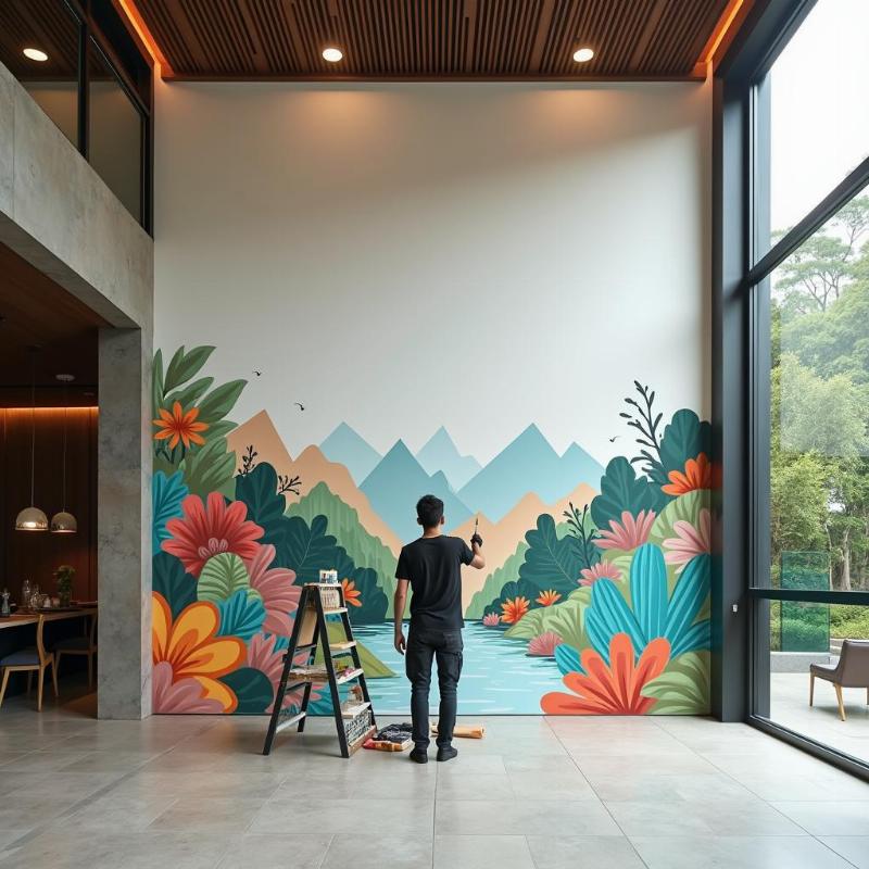 Dịch vụ vẽ tranh tường theo yêu cầu cho không gian chung, sảnh tòa nhà khu đô thị, thể hiện cá tính riêng.