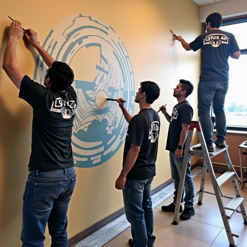 Đội ngũ họa sĩ vẽ tranh tường chuyên nghiệp của Lotus Art đang thi công dự án cho trung tâm tiếng Nhật.