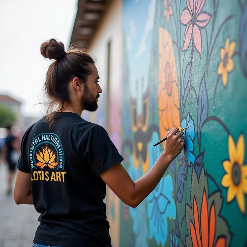 Đội ngũ họa sĩ chuyên nghiệp Lotus Art đang thi công vẽ tranh tường tại khu du lịch