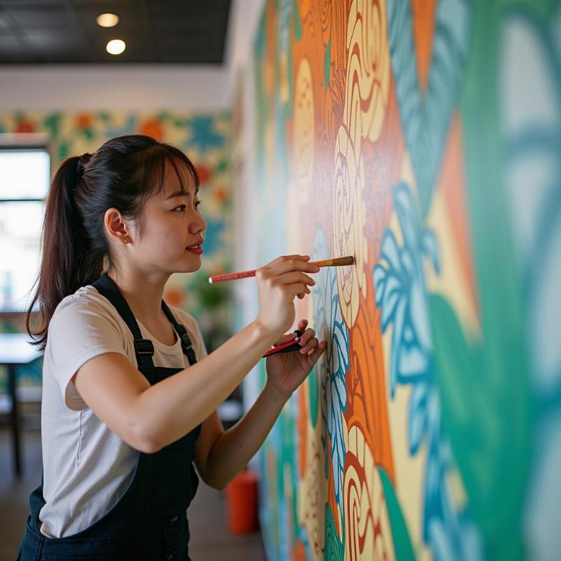 Họa sĩ vẽ tranh tường chuyên nghiệp của Lotus Art đang thi công dự án, thể hiện sự tỉ mỉ và kinh nghiệm