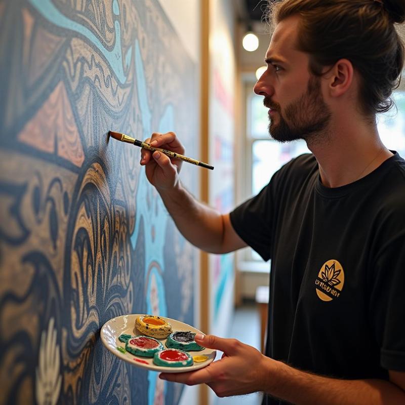 Họa sĩ chuyên nghiệp của Lotus Art đang vẽ tranh tường cho shop thời trang, đảm bảo chất lượng