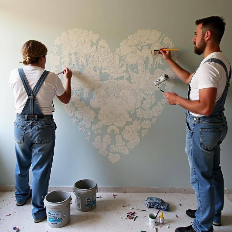 Họa sĩ vẽ tranh tường chuyên nghiệp của Lotus Art đang thi công công trình nghệ thuật.