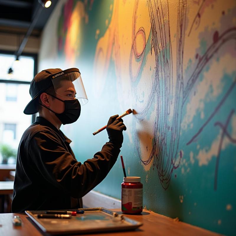 Họa sĩ vẽ tranh tường chuyên nghiệp của Lotus Art đang thi công dự án nhà hàng