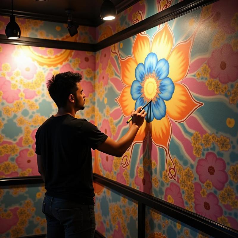 Hoa si chuyen nghiep cua Lotus Art dang ve tranh tuong theo chu de yeu cau tai phong karaoke