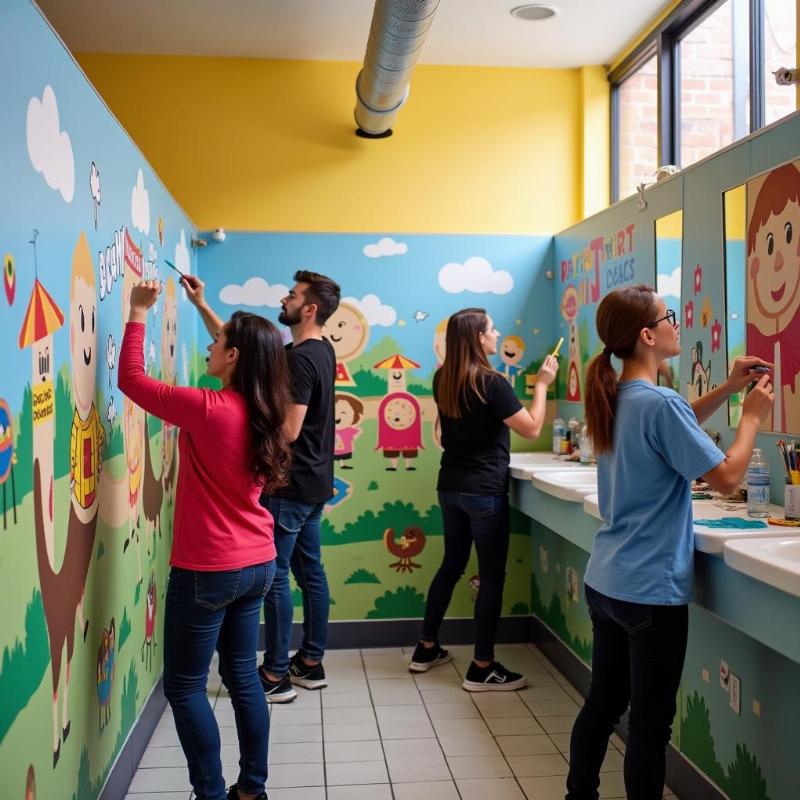 Đội ngũ họa sĩ chuyên nghiệp vẽ tranh tường nhà vệ sinh tại trường học với chủ đề hoạt hình vui nhộn.