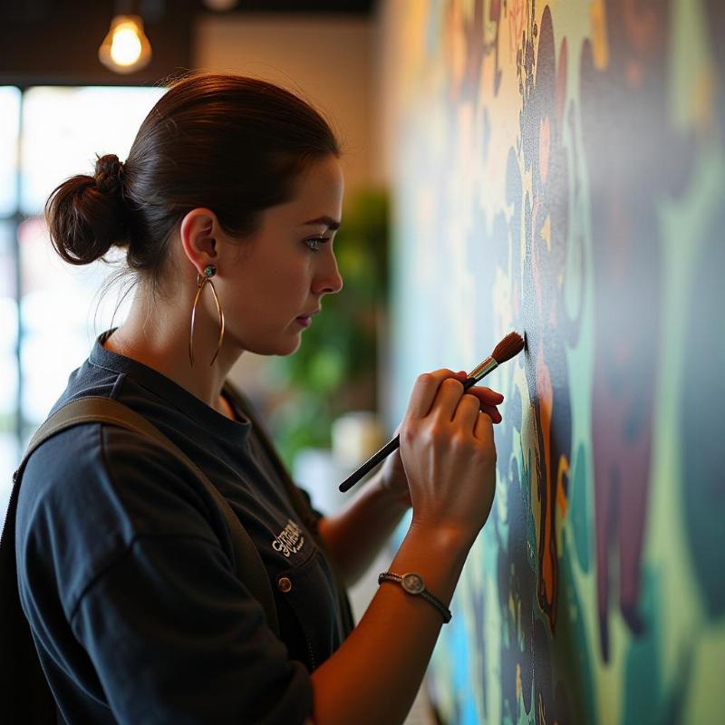 Họa sĩ vẽ tranh tường quán cà phê chuyên nghiệp của Lotus Art đang tỉ mỉ thi công.