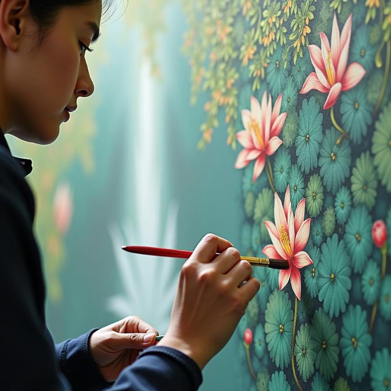 Họa sĩ chuyên nghiệp Lotus Art thi công vẽ tranh tường sân vườn chi tiết, tỉ mỉ.