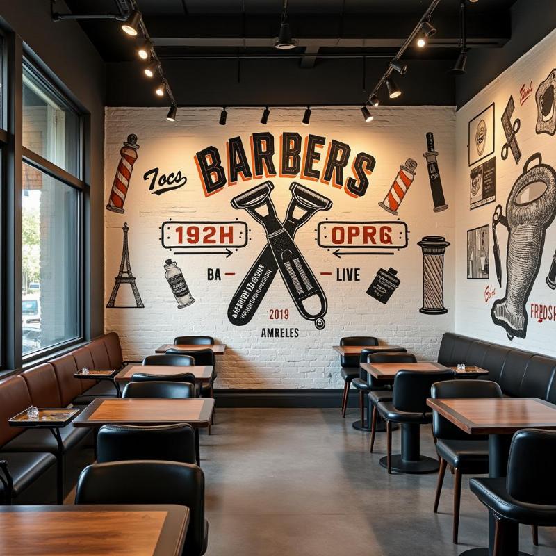 Mẫu tranh tường ấn tượng cho barbershop, phong cách vintage/retro với các dụng cụ cắt tóc cổ điển và chữ typography mạnh mẽ.