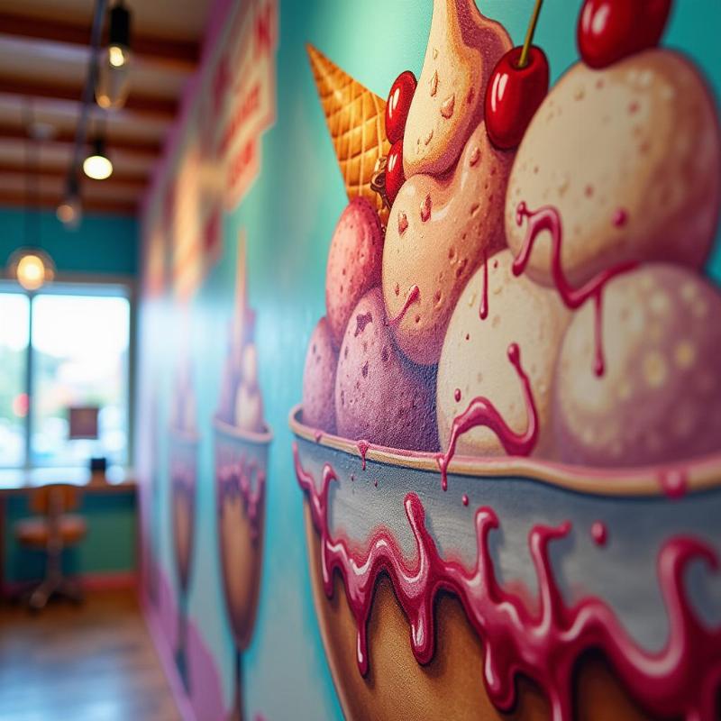 Mẫu tranh tường quán kem với hình ảnh ly kem 3D sống động
