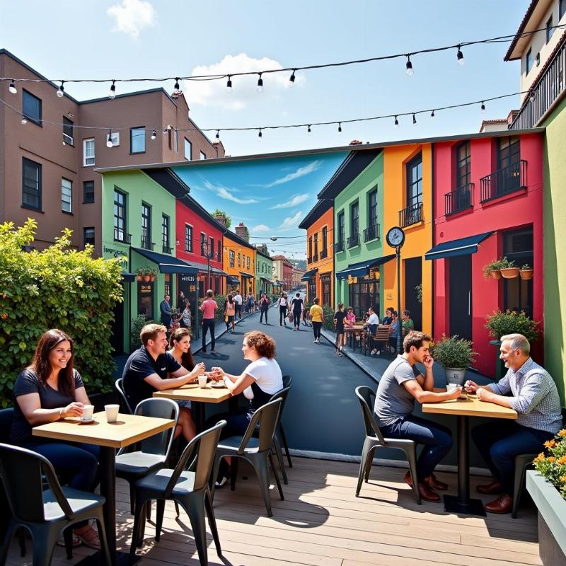 Mẫu tranh tường sân thượng quán cafe đẹp, ấn tượng do Lotus Art vẽ giúp tăng trải nghiệm khách hàng.