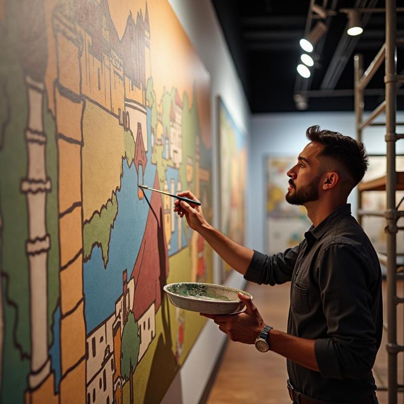 Họa sĩ chuyên nghiệp vẽ tranh tường bảo tàng với kỹ thuật điêu luyện, tạo hiệu ứng 3D chân thực.