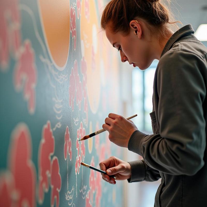 Chi tiết quy trình vẽ tranh tường chuyên nghiệp của Lotus Art tại trung tâm tiếng Nhật.