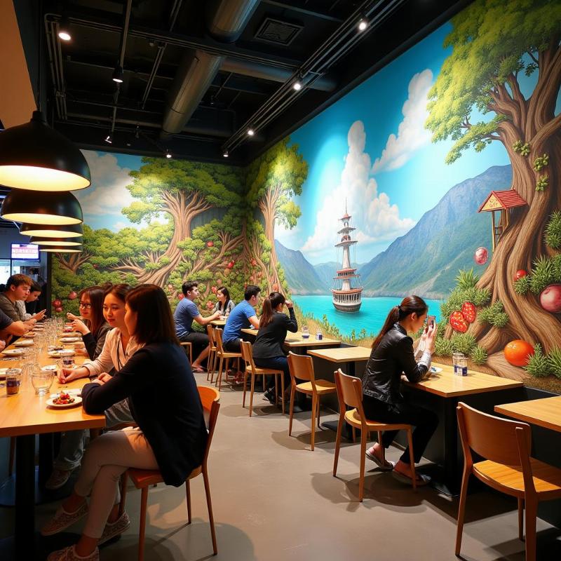 tranh tuong 3d nha hang cafe dep sang tao hut khach tao diem nhan thuong hieu an tuong