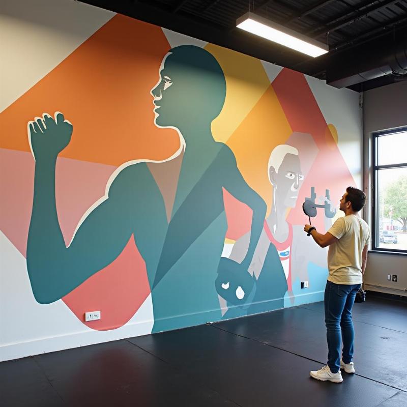 Mẫu tranh tường phòng gym độc đáo, kết hợp logo và màu sắc thương hiệu thể thao chuyên nghiệp.