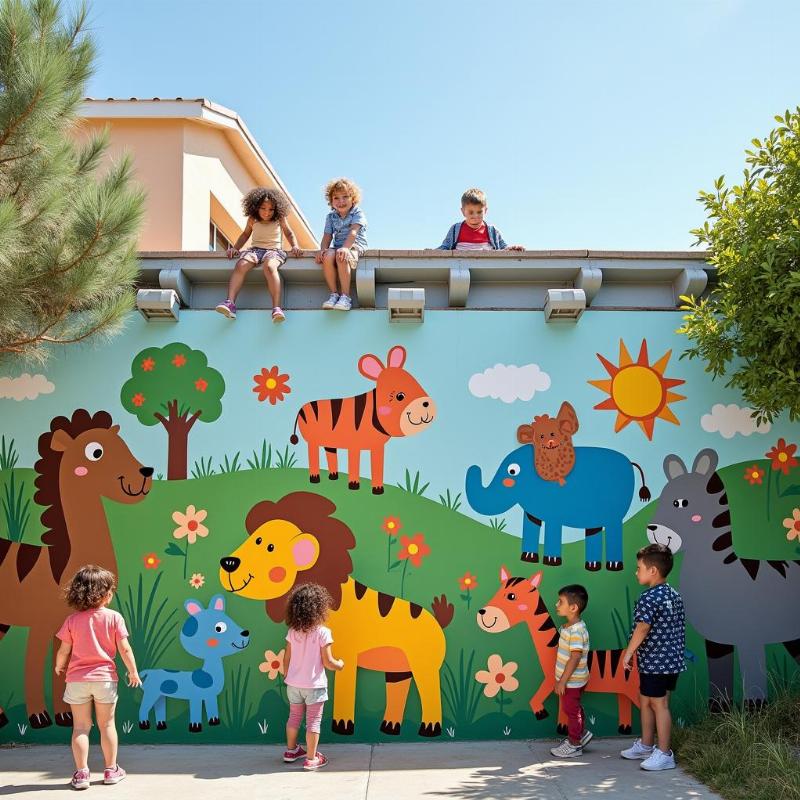 Tranh tường sân thượng trường học sáng tạo, tạo không gian vui chơi và học tập tích cực.