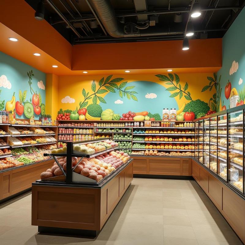 Tranh tường siêu thị mini với hình ảnh hấp dẫn, màu sắc tươi sáng, tạo không gian thu hút khách hàng và điểm nhấn thương hiệu