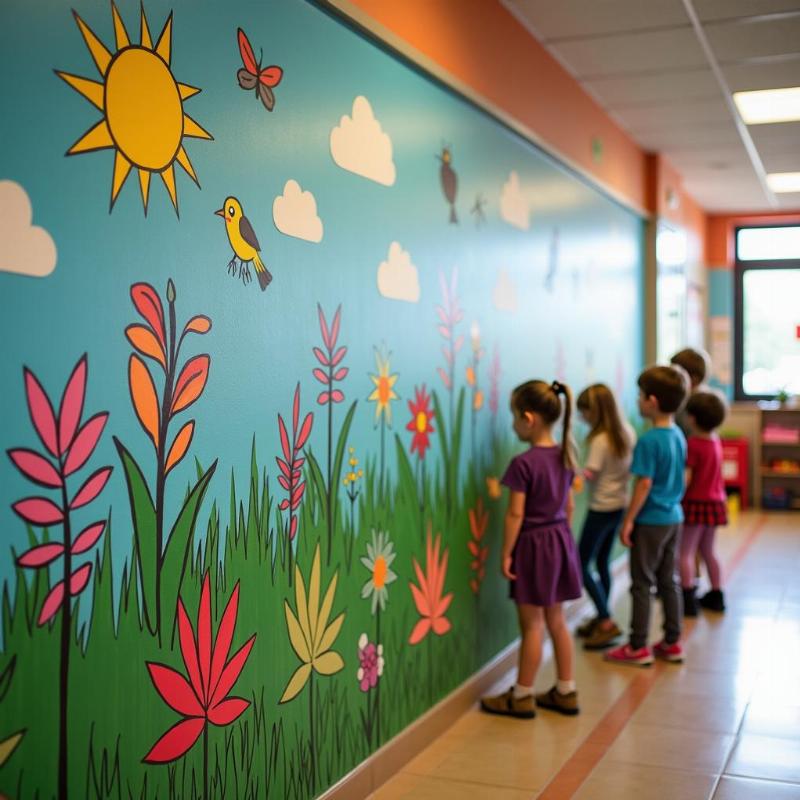 Tranh tường chủ đề thiên nhiên, sân vườn sinh động cho trường học, trung tâm giáo dục.