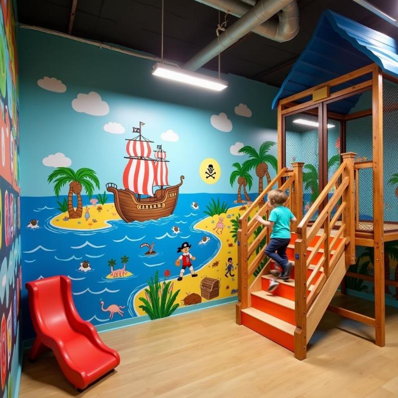 Tranh tường khu vui chơi cho bé trai chủ đề phiêu lưu cướp biển và tàu thuyền, tạo không gian giải trí hấp dẫn.