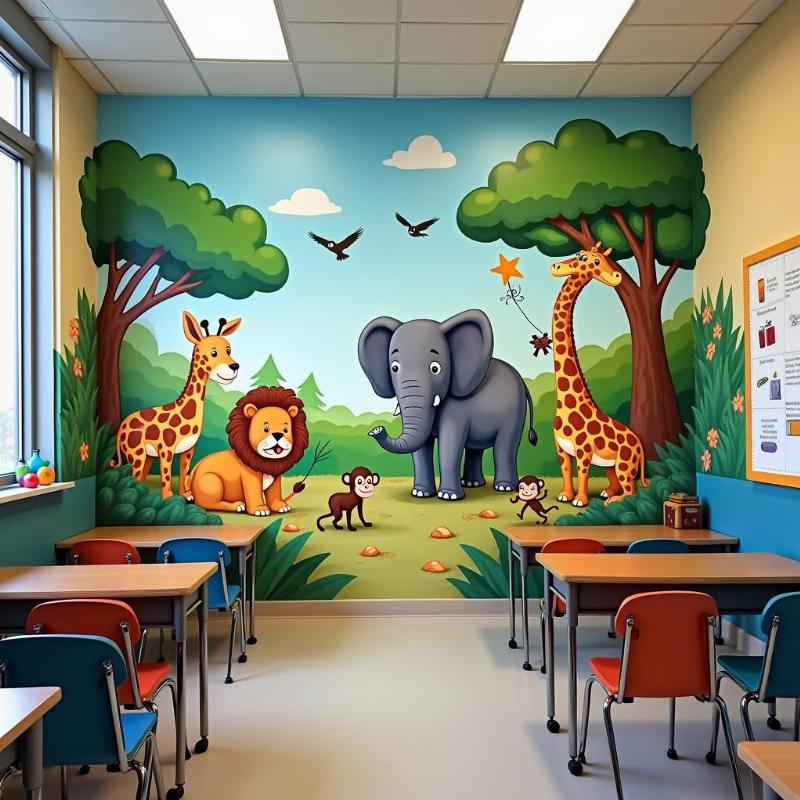 Tranh tường phòng học cho bé trai chủ đề động vật hoang dã, màu sắc tươi sáng, tạo môi trường học tập sinh động.