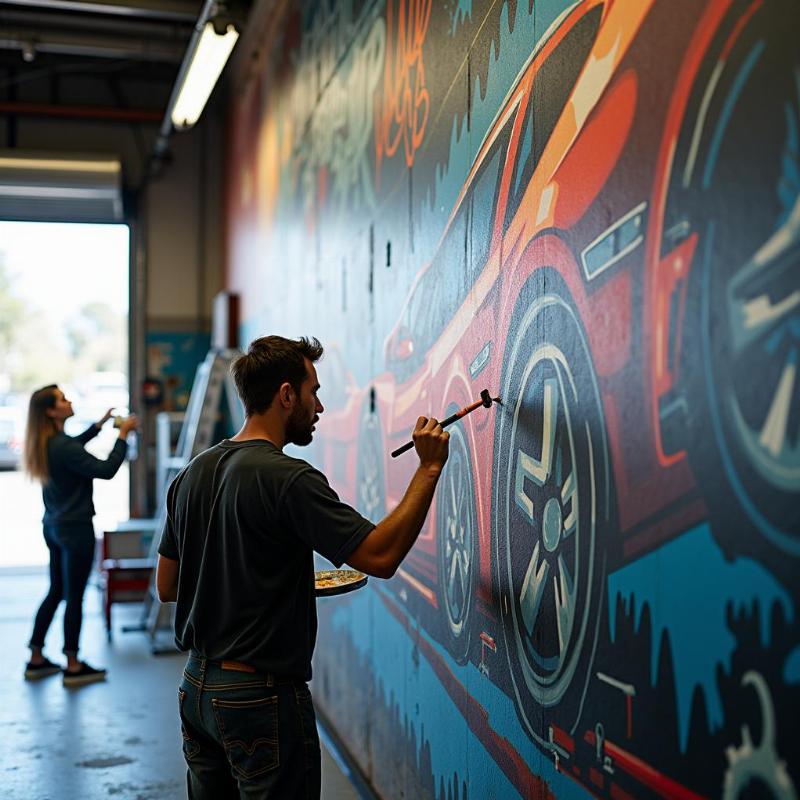 Vẽ tranh tường cho gara sửa xe chuyên nghiệp, tạo không gian độc đáo và thu hút khách hàng