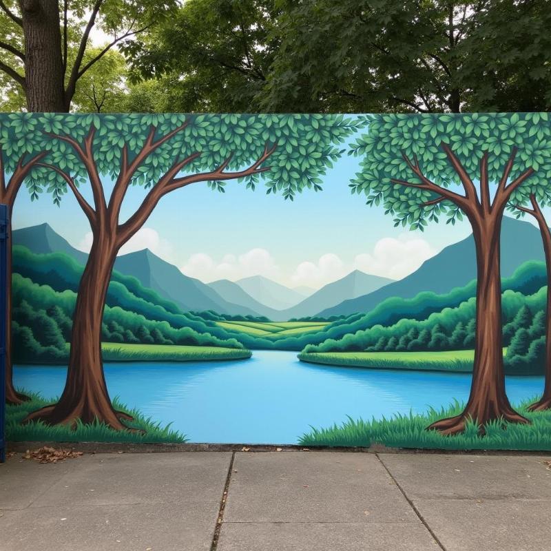 Tranh tường công viên phong cảnh thiên nhiên, cây cối, tạo không gian thư giãn