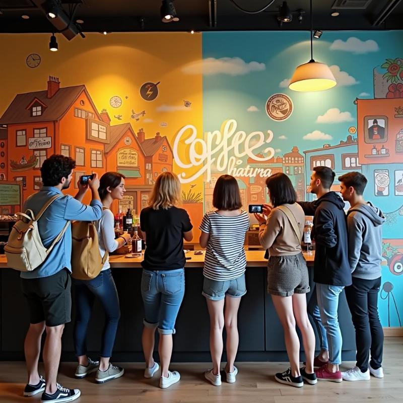 Tranh tường quán cà phê nghệ thuật tạo không gian độc đáo, thu hút khách hàng chụp ảnh check-in.