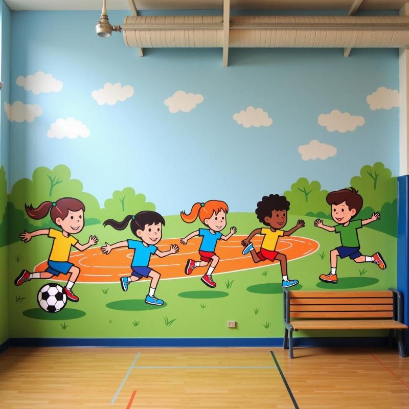 Vẽ tranh tường sân tập trường học với hình ảnh thể thao vui nhộn, khuyến khích hoạt động cho học sinh.