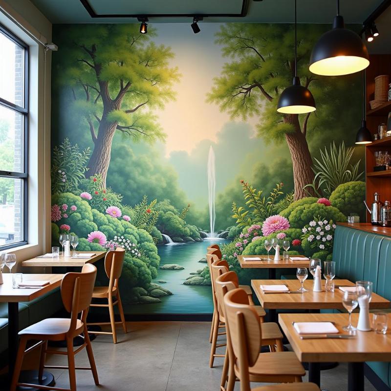 Tranh tường sân vườn tuyệt đẹp tạo không gian thư giãn cho quán cafe, nhà hàng.