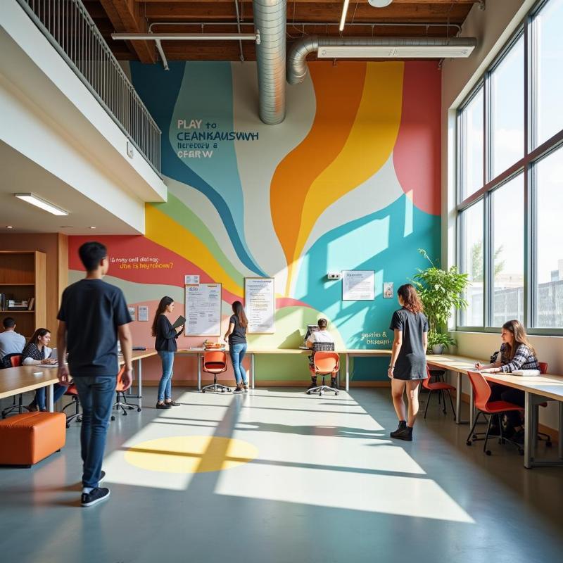 Một mẫu vẽ tranh tường trung tâm dạy nghề đẹp, sáng tạo, thu hút học viên và phụ huynh được thực hiện bởi Lotus Art, thể hiện không gian sống động, đầy cảm hứng học tập