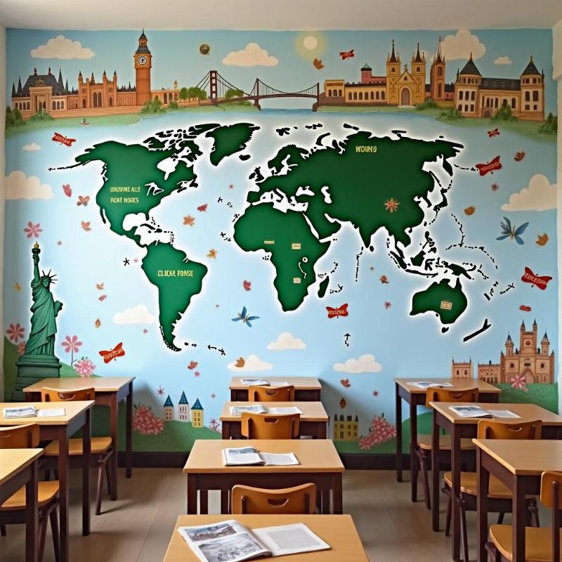 Dịch vụ vẽ tranh tường trung tâm tiếng Anh chủ đề giáo dục và văn hóa, mẫu thiết kế độc đáo, đẹp mắt