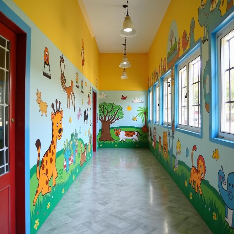 Thi công vẽ tranh tường tại trường học Biên Hòa với chủ đề giáo dục, vui nhộn, tạo môi trường học tập sáng tạo