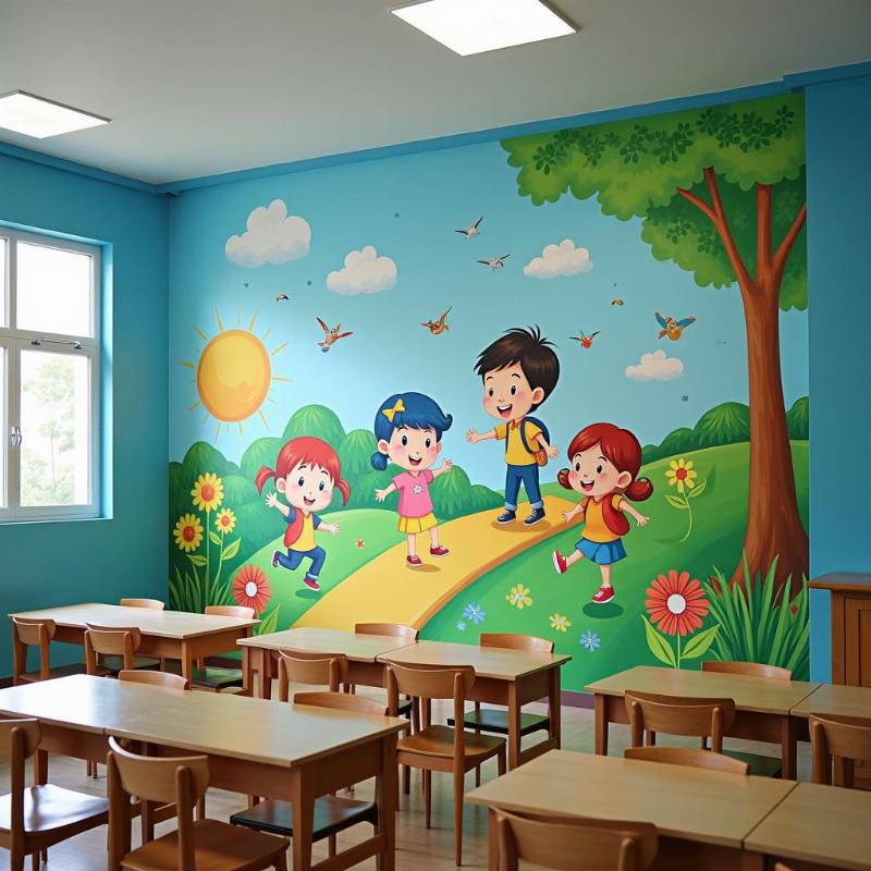 Vẽ tranh tường trường học, tạo môi trường học tập sáng tạo, vui tươi, và hấp dẫn cho học sinh