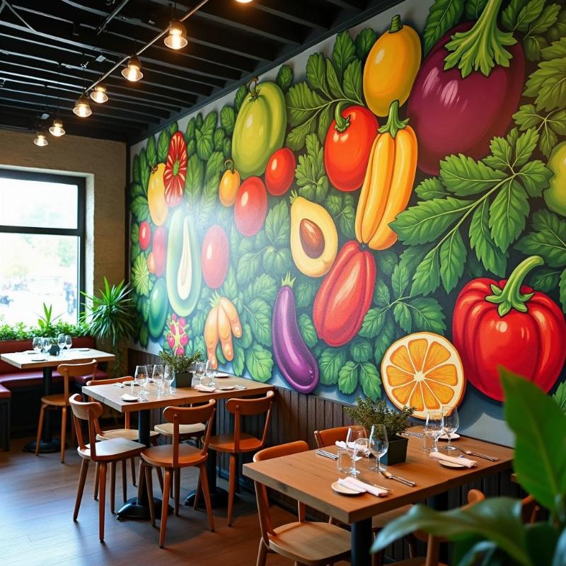 Ý tưởng vẽ tranh tường ẩm thực chay độc đáo và đầy màu sắc tại nhà hàng chay
