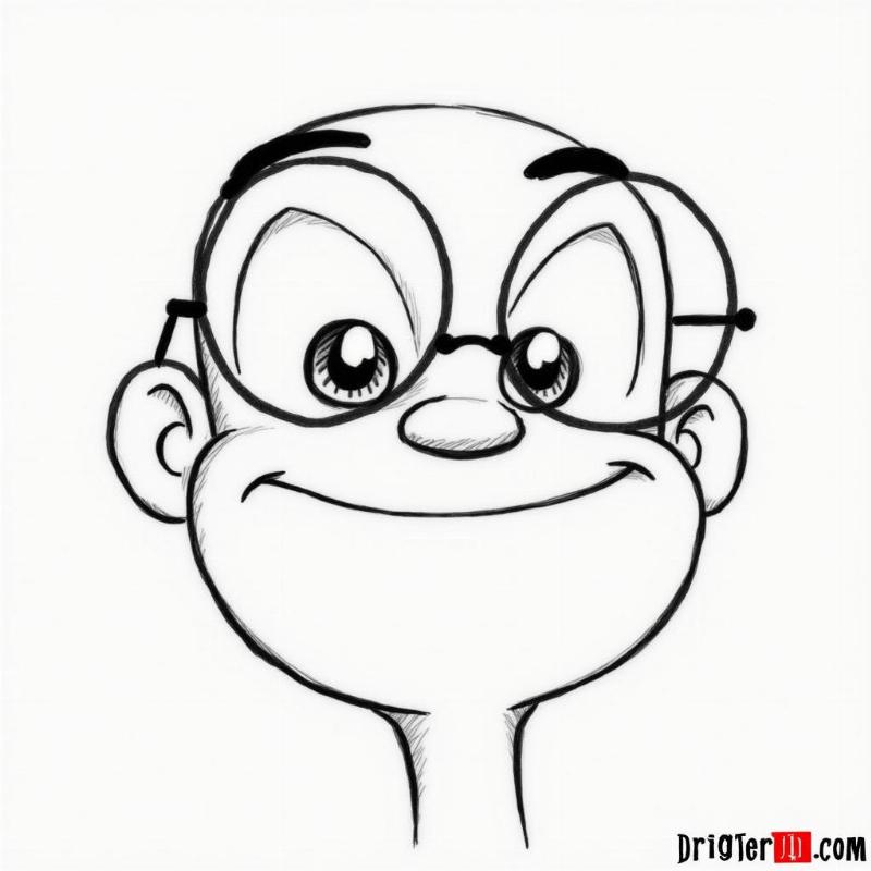 Ve chi tiet khuon mat nobita voi mat to, kinh can, mieng cuoi