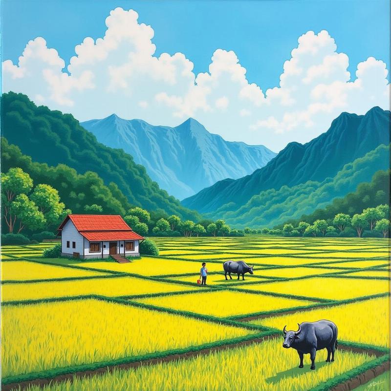 Hoan thien tranh dong que voi mau sac tuoi sang cho be lop 2