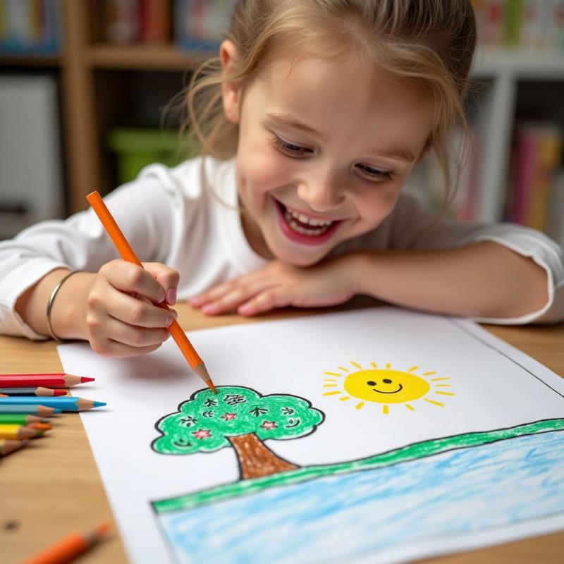 Học sinh tiểu học tô màu tranh bảo vệ môi trường vui vẻ