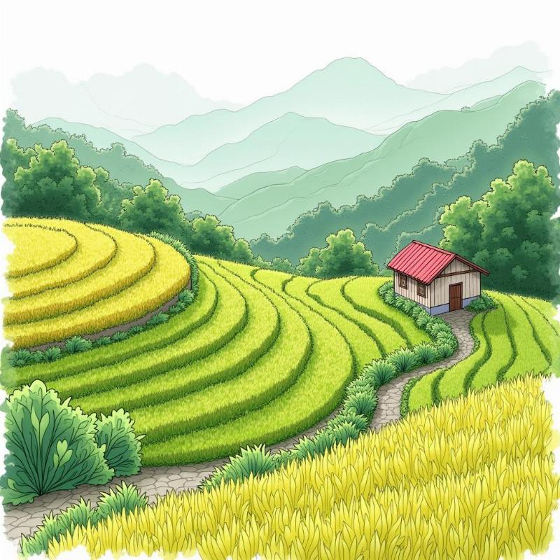 Huong dan ve tranh dong que cho be lop 2 canh dong lua xanh nha ngoi va duong nho