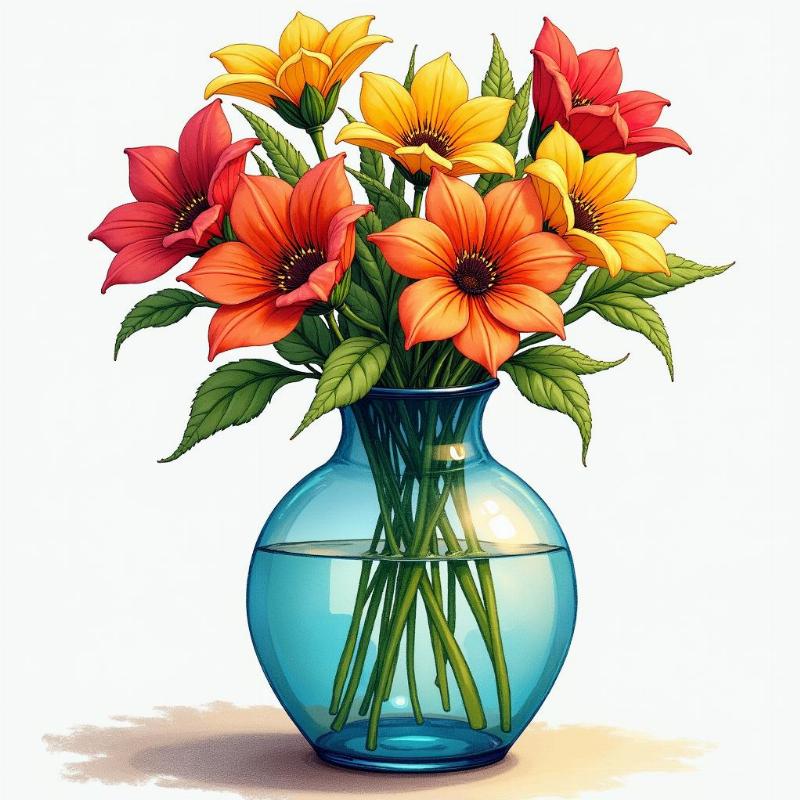 Tô màu sắc tươi sáng cho lọ hoa và hoa lá trong tranh vẽ