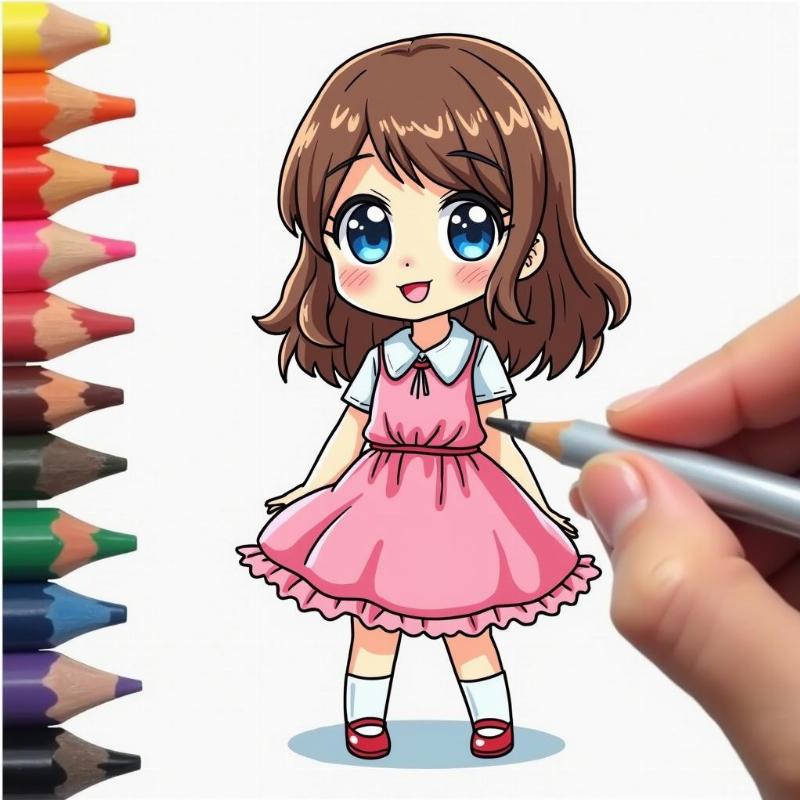 Tô màu cô bé chibi váy hồng dễ thương, tóc nâu mắt xanh