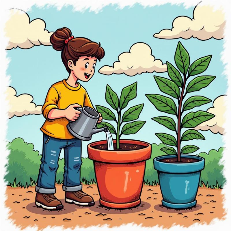 tô màu sắc cho chậu cây, người tưới cây, lá xanh tươi, bầu trời
