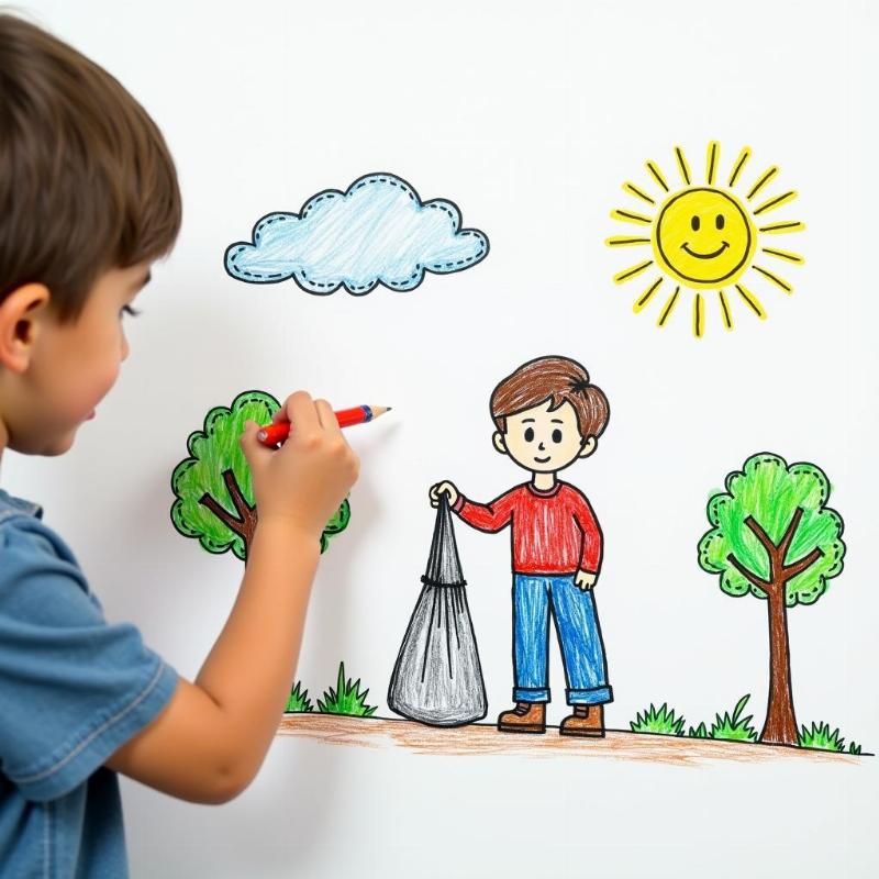 Trẻ em vẽ tranh bảo vệ môi trường đơn giản bằng bút chì