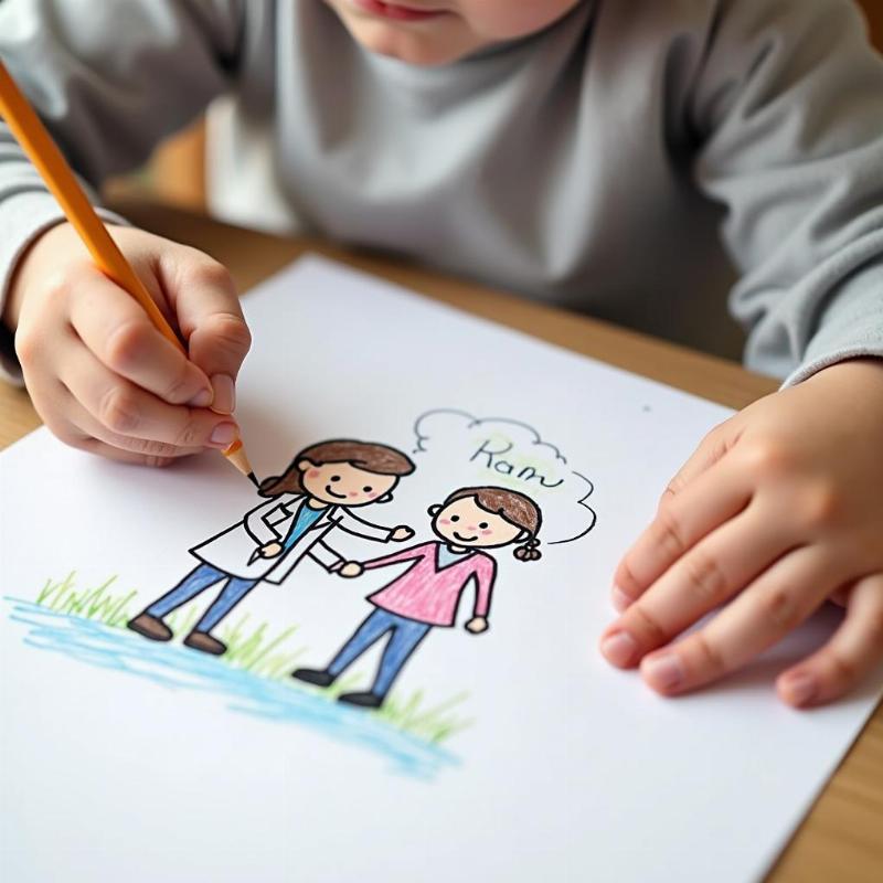 Trẻ em vẽ ước mơ bác sĩ đơn giản với bệnh nhân
