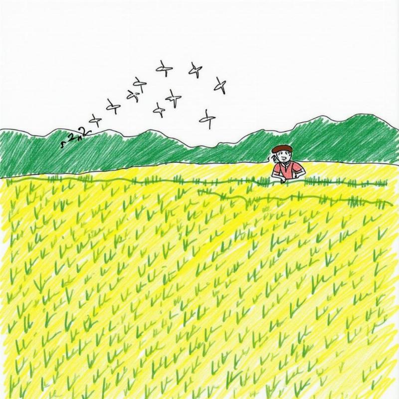 Hoàn thiện tranh lúa với chi tiết đơn giản như chim và bác nông dân cho bé