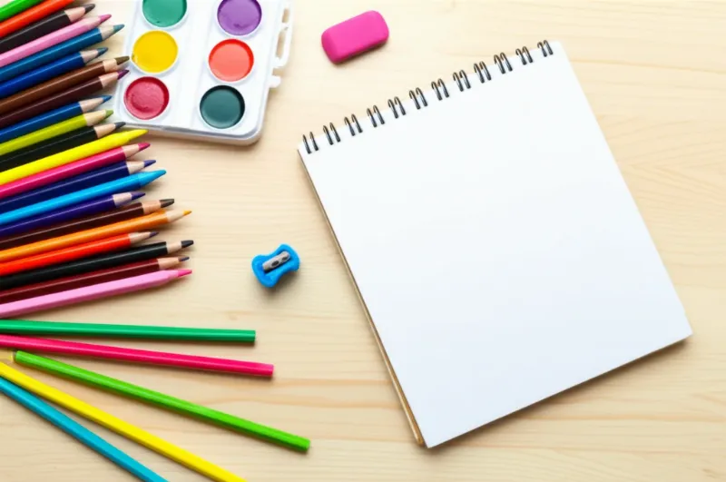 Một bộ dụng cụ vẽ đầy đủ được sắp xếp gọn gàng, sẵn sàng cho các bạn nhỏ bắt đầu vẽ chú bộ đội hải quân.